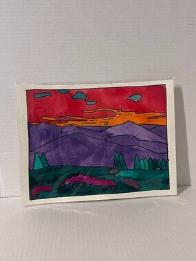 Watercolor Painting Mountains and the Sunset Imaginary Place 9x12 inches NWT